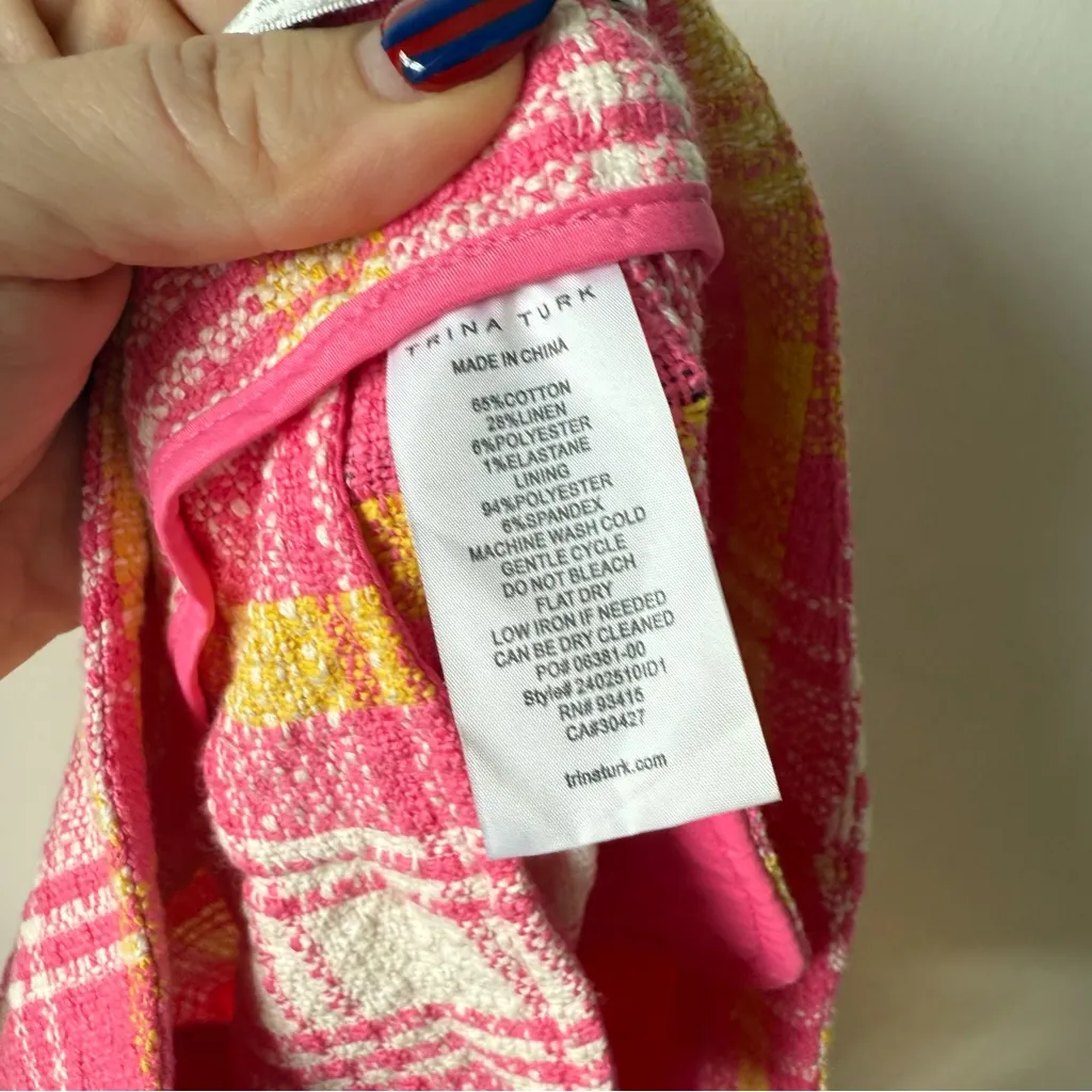 Trina Turk Lulu Pink Yellow White Plaid Tweed Fringe Pants 0 - Image 9