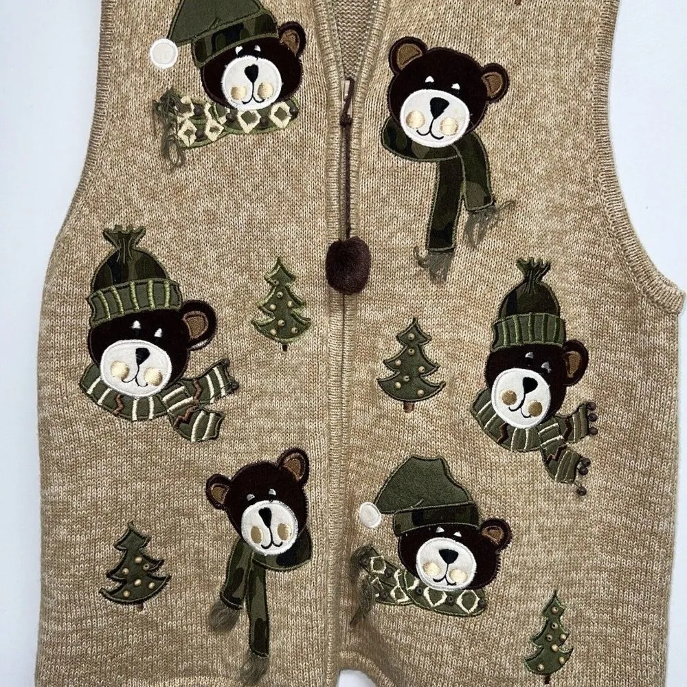 Vtg Heirloom Collectibles Womens Ugly Christmas Sweater Vest Bears Trees Size L - Image 2