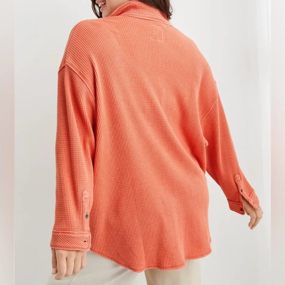 Aerie Coral Waffle LumberJane Waffle Knit Button Up Tunic Shirt Jacket L - Image 2