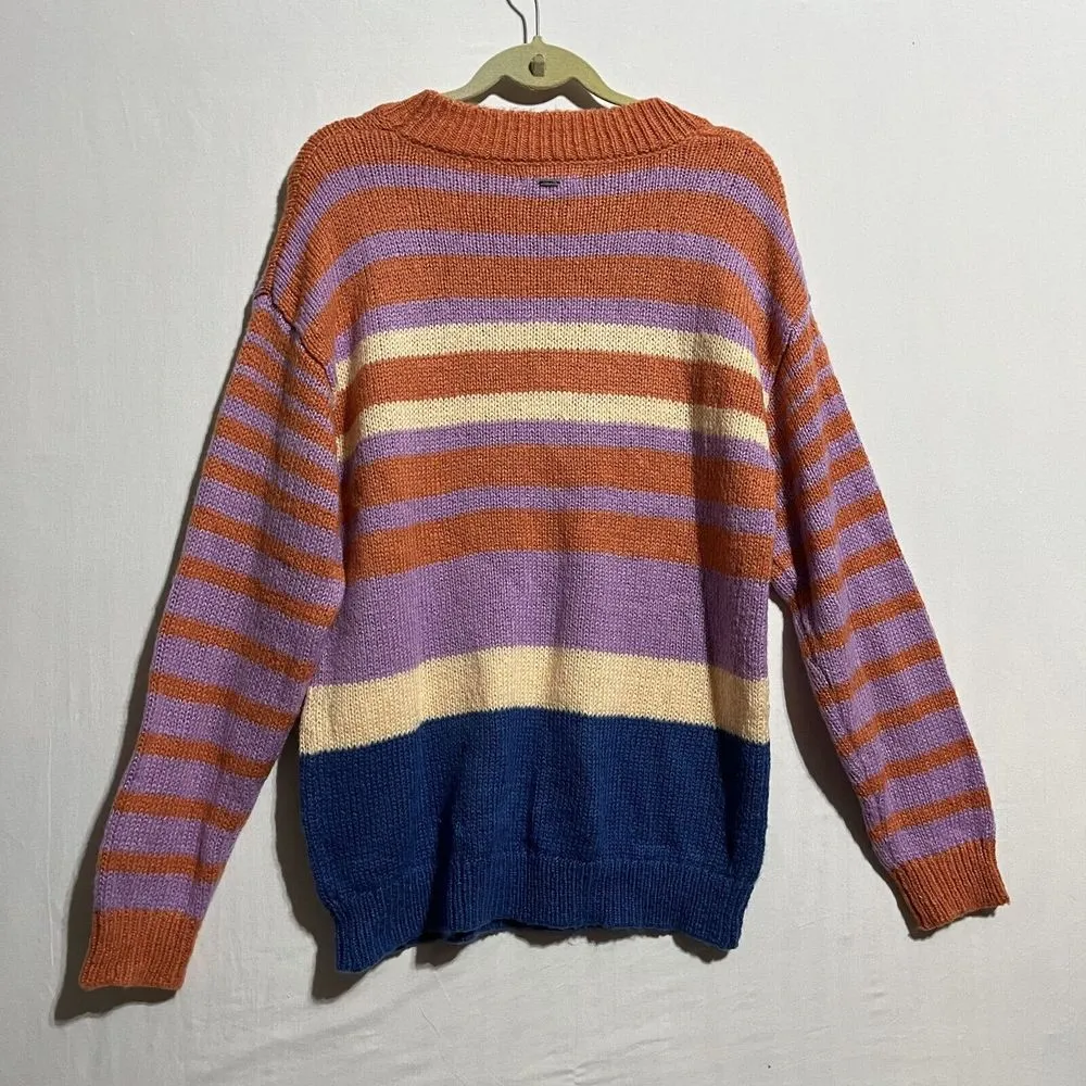 O'Neill Sweater Womens Medium Purple Striped Chunky Knit Acrylic Crew‎ Neck - Image 2