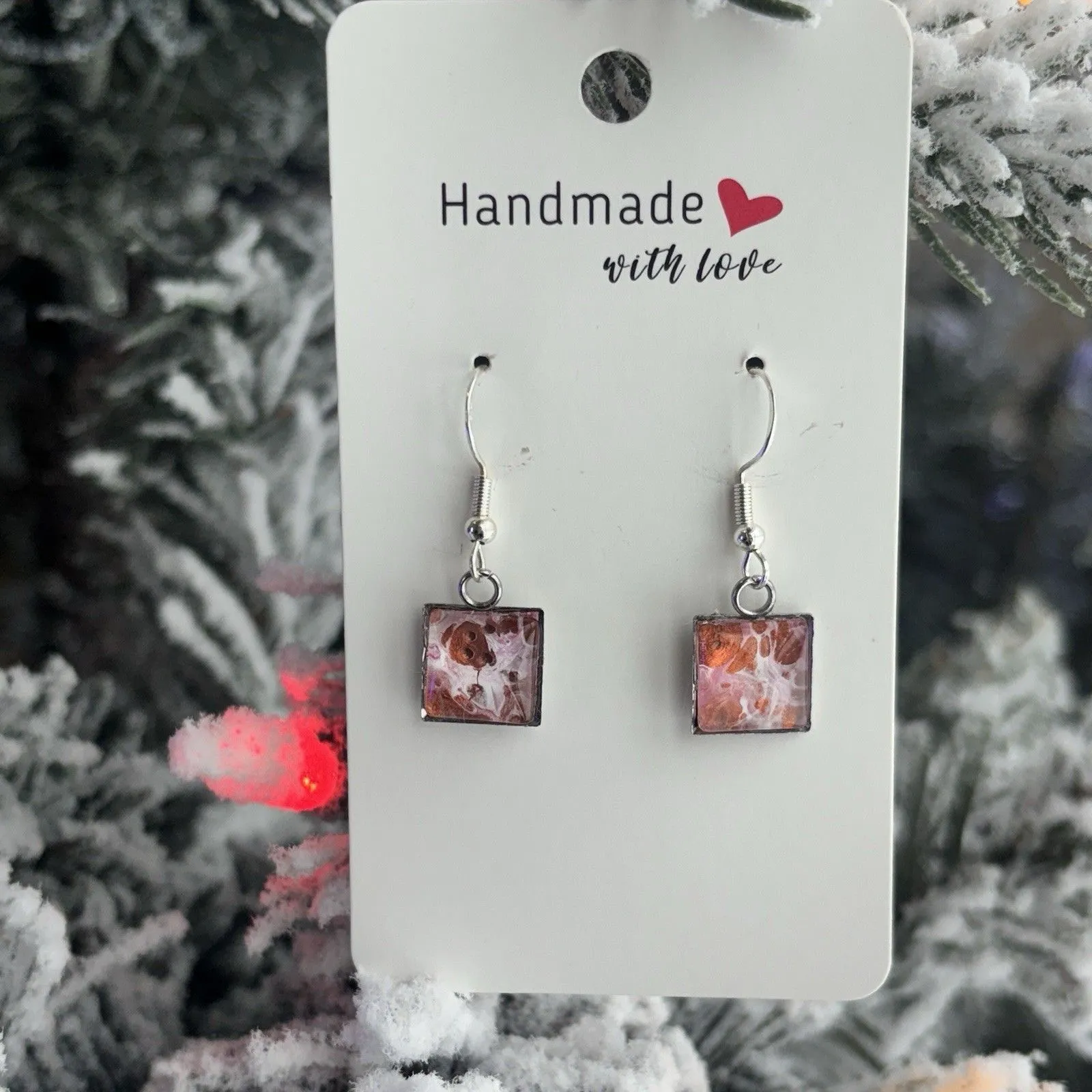 Handmade Acrylic Poured Paint Square Earrings Marble Jewelry made 83 year Artist Pink - Image 3