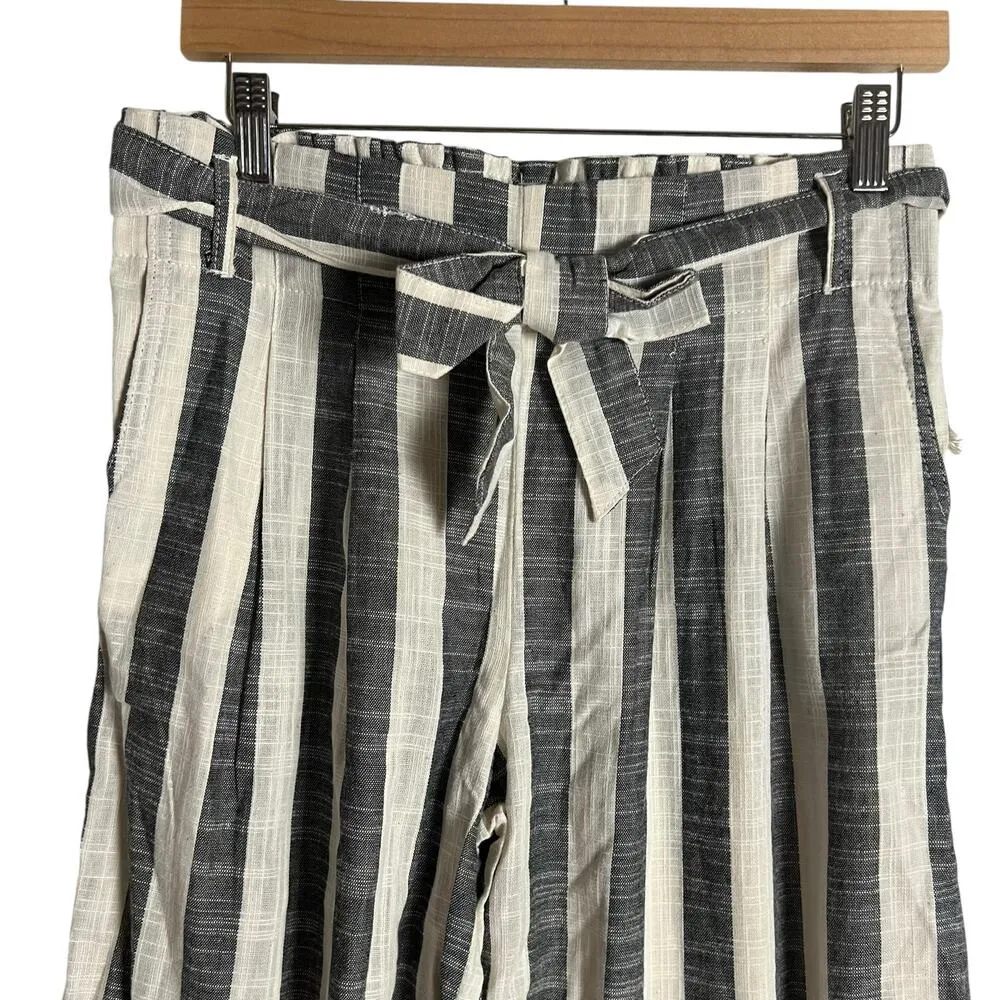 Indigo Rising Ivory Black Striped Wide Leg Belted Tie Waist Linen Pants Size M Size M - Image 2