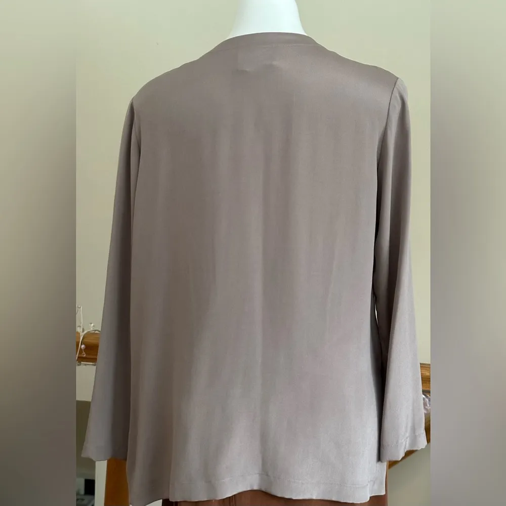 Via Seta Studio Taupe Light 1 Button Jacket 100% Silk Satin Long Sleeves Sz M Size M - Image 6