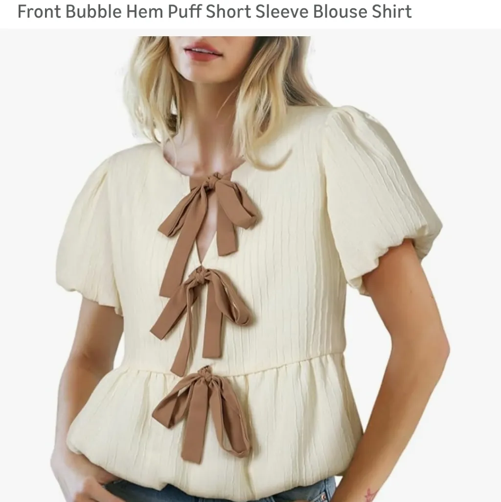 Cream Puff Sleeve Top Size XL New Never Worn Textured Bow Ties Front Bubble Hem Brown - Image 5