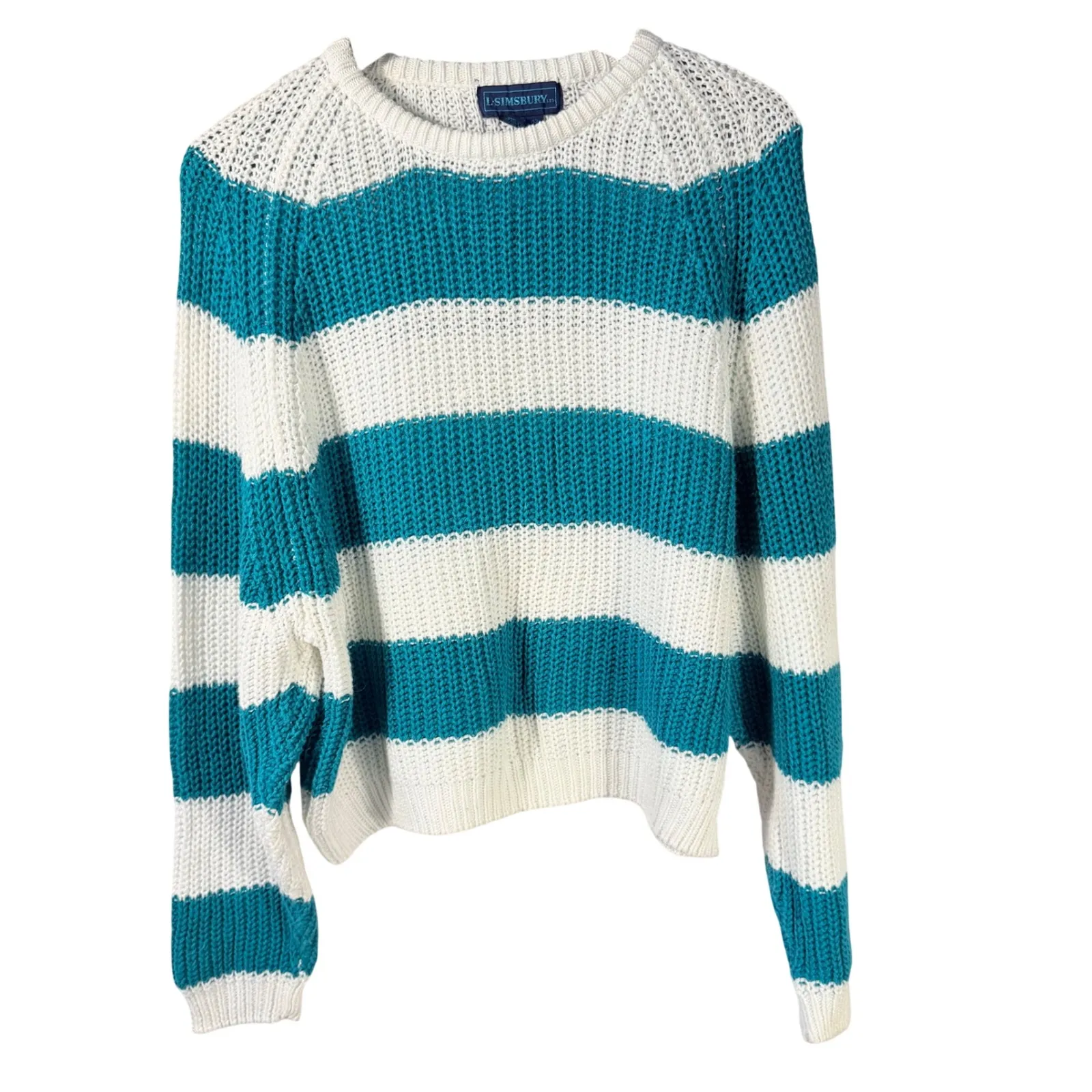 Vintage L'SimSBURY Striped Chunky Knit Sweater M Green Teal White Cotton Blend Size M - Image 4