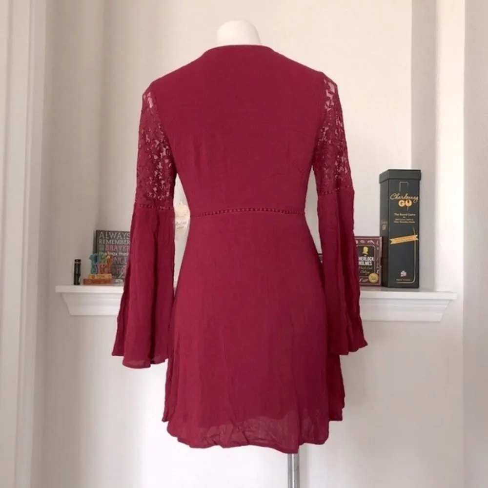 Altar'd State Mini Dress Cotton Lace Button Front Burgundy Size S MSRP $79.95 - Image 3