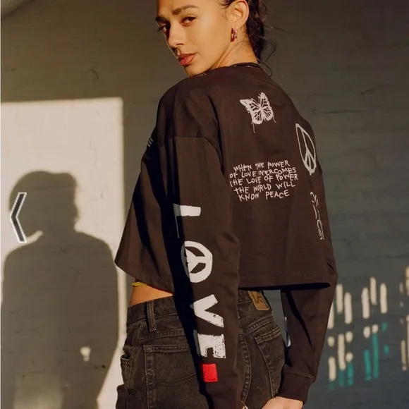 CHNGE Long Sleeve Organic Cotton Henley Crop Top, Sz L Black Size L - Image 2