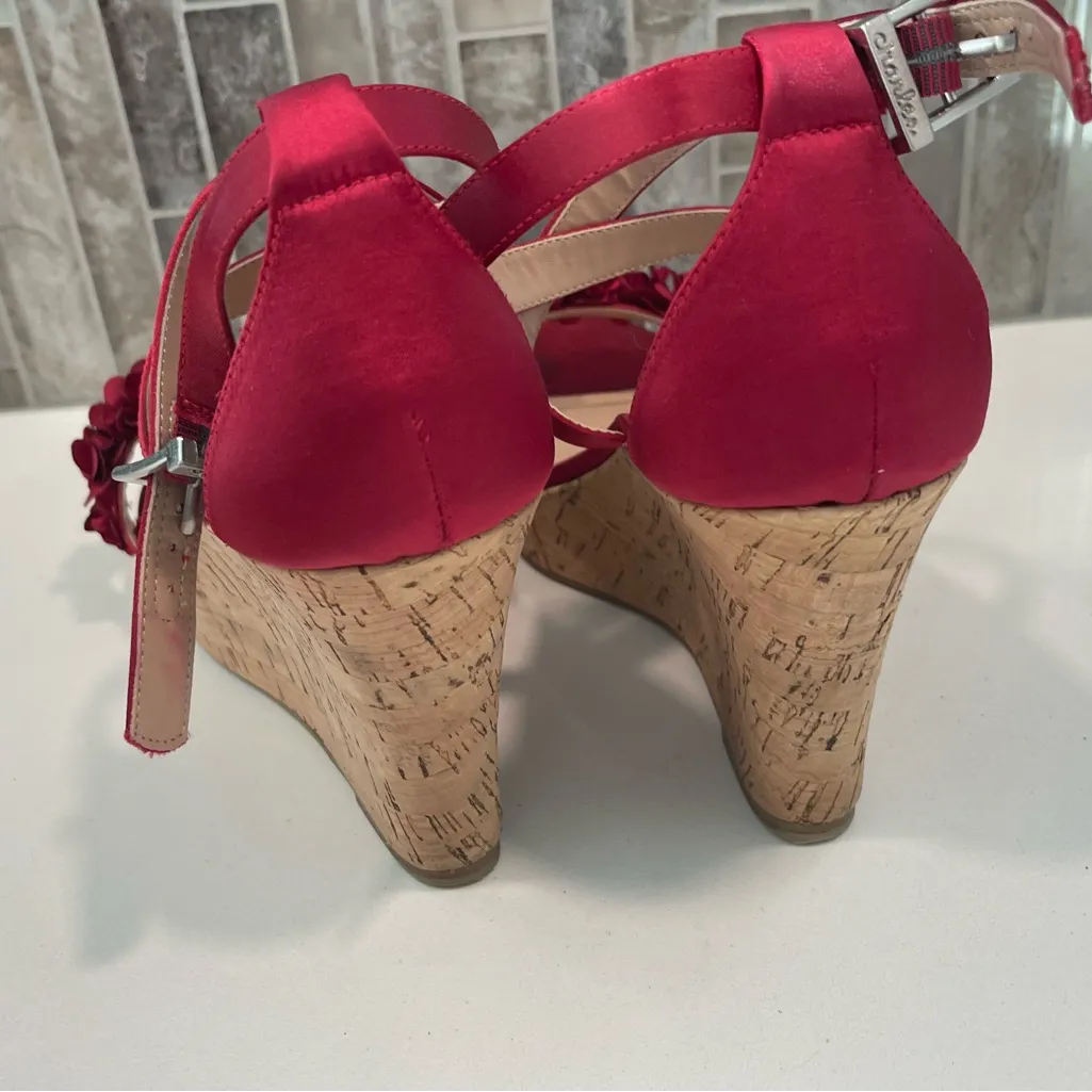 Charles By Charles David Red Satin Floral Wedges Ankle Strap Size 9 - Image 5