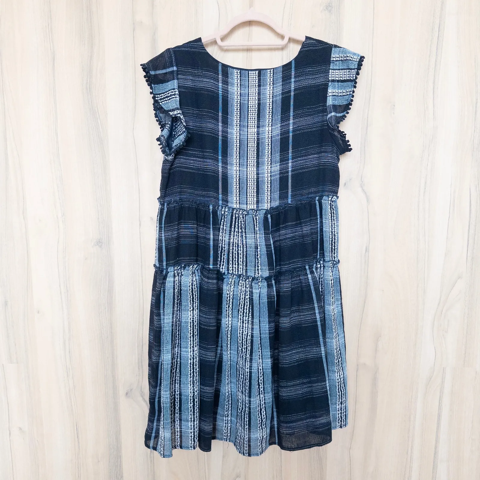 THML Womens Tiered Plaid Ruffle Sleeve Dress Size M Blue Boho Cottage Indie - Image 7