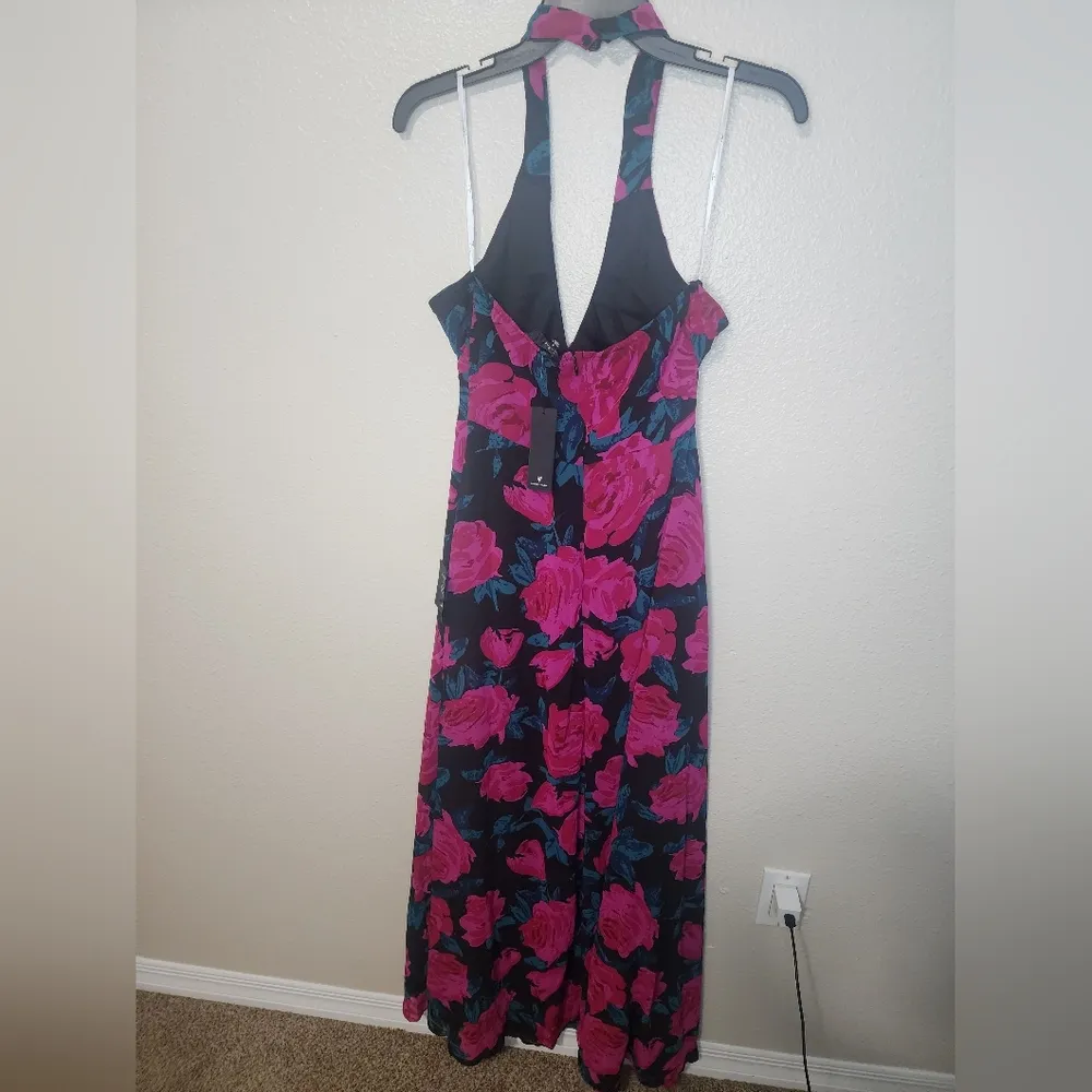 New NWT Lulu's Fiercely Flowery Black Floral Print Ruched Halter Maxi Dress Pink - Image 6