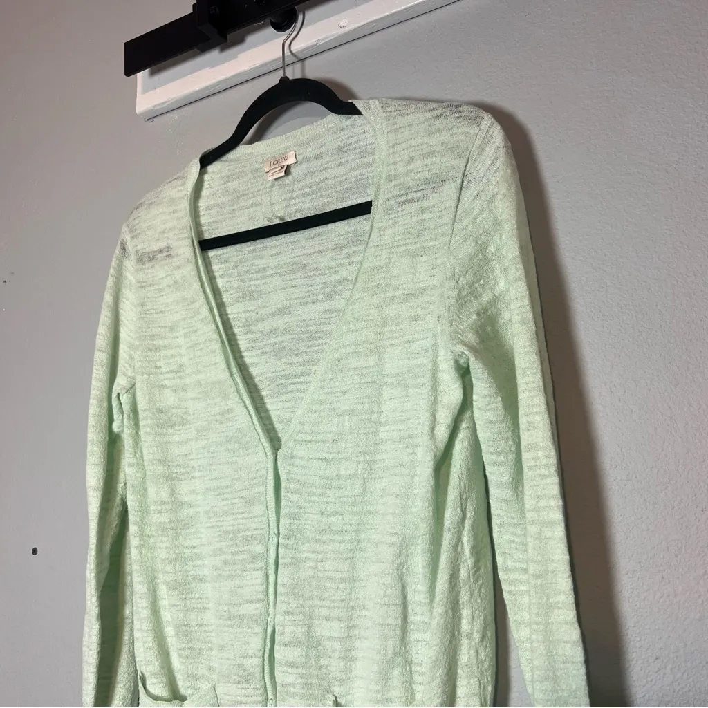 J. Crew Cardigan Sweater Button Front Light Green Mint Linen Blend Size Medium - Image 2