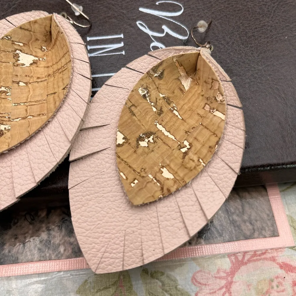 Oversized Handmade Pink Leather Feather Layered Bohemian Dangle Earrings - Image 8