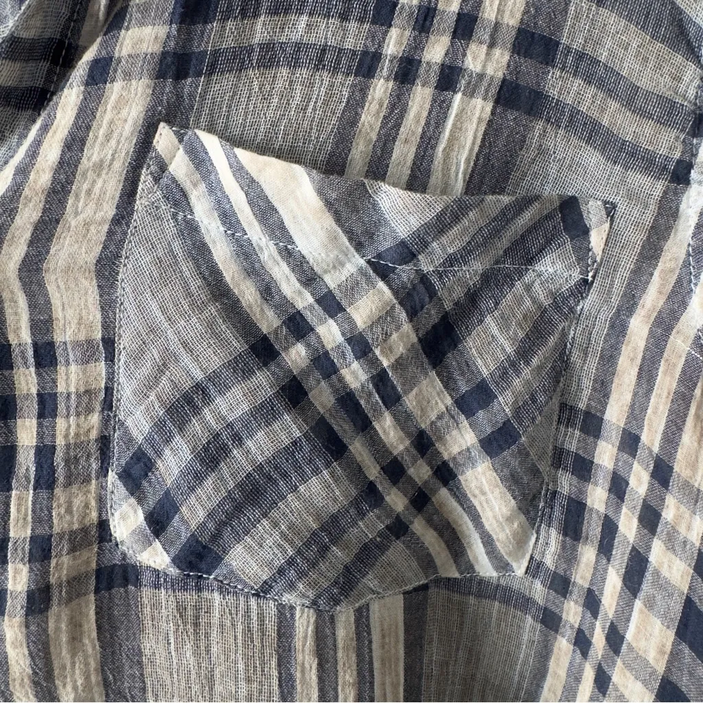 Lucky Brand 100% Cotton Navy gray Beige Plaid Button-Down Shirt Short sleeve NWT - Image 6