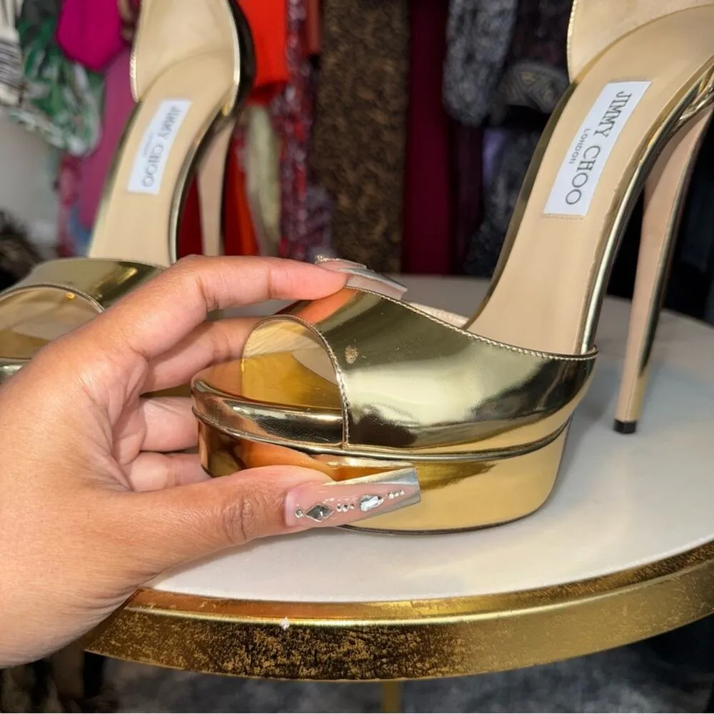 Jimmy Choo Gold Max 150 Mirrored-Leather Platform Stiletto Heel Open Toe Sandal - Image 13