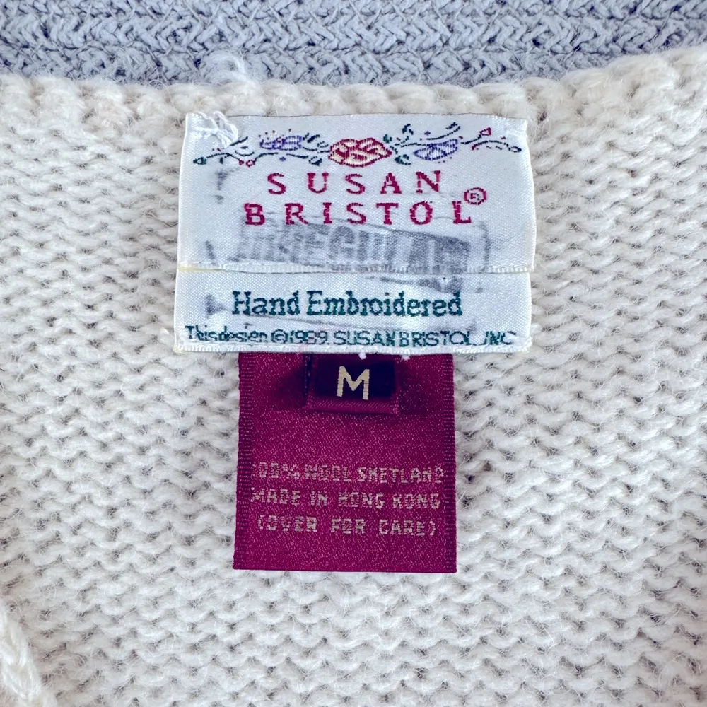 Vintage Susan Bristol Ivory Cream Faux Fur Hand Embroidered Wool Sweater Medium - Image 5