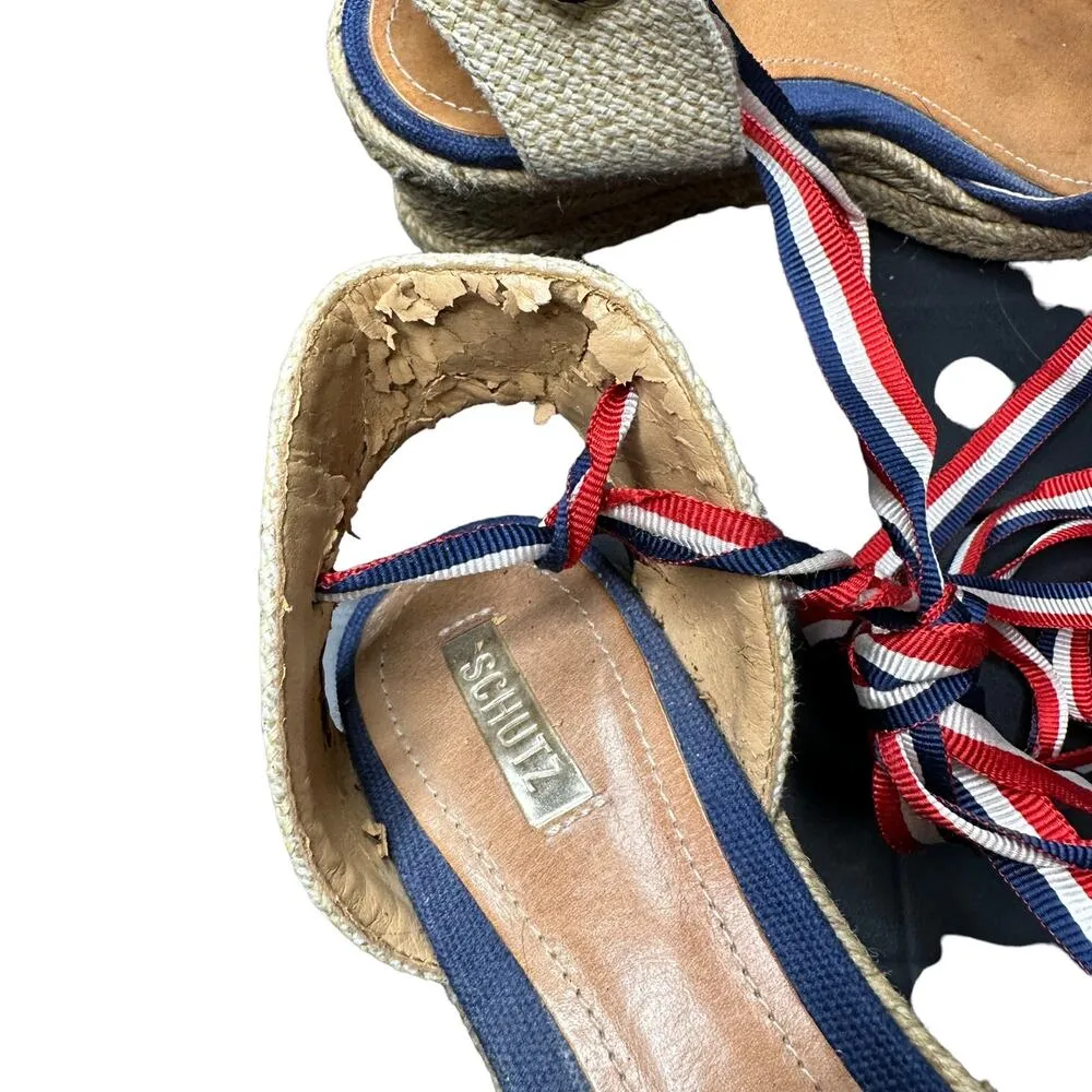 Schutz Espadrille Wedge Sandals Red White And Blue Size 6 Boho Retro - Image 6