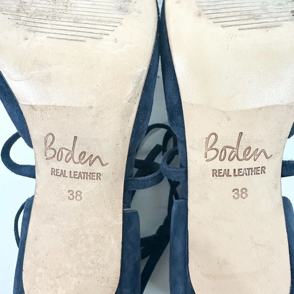 Boden Suede Leather Heels Size 38 US 7 Navy Blue T Strap Bow Tie Detail 3.5 Heel - Image 9