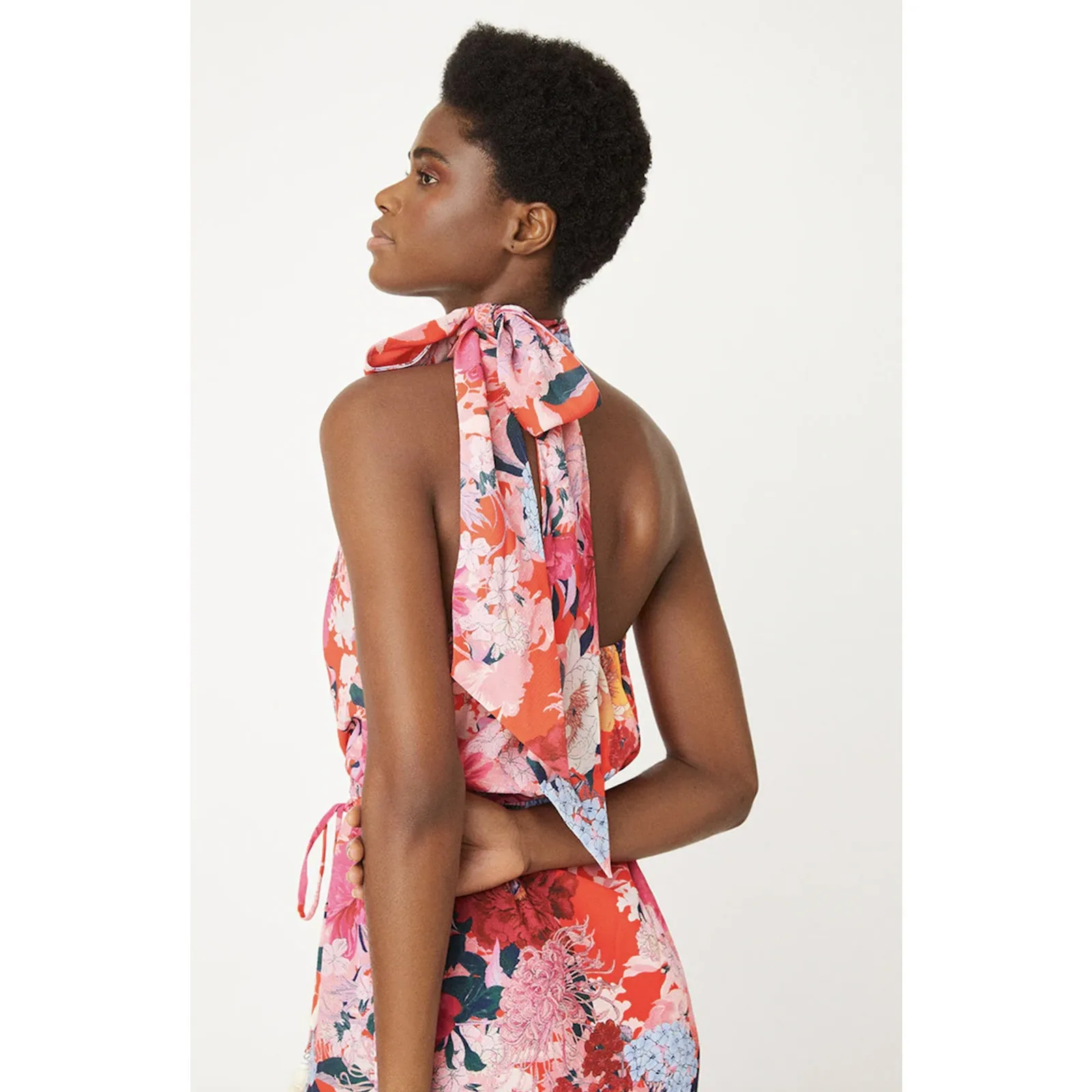 CARA CARA Allison‎ Tie Neck Midi Dress Pink Floral Size XS Red - Image 5