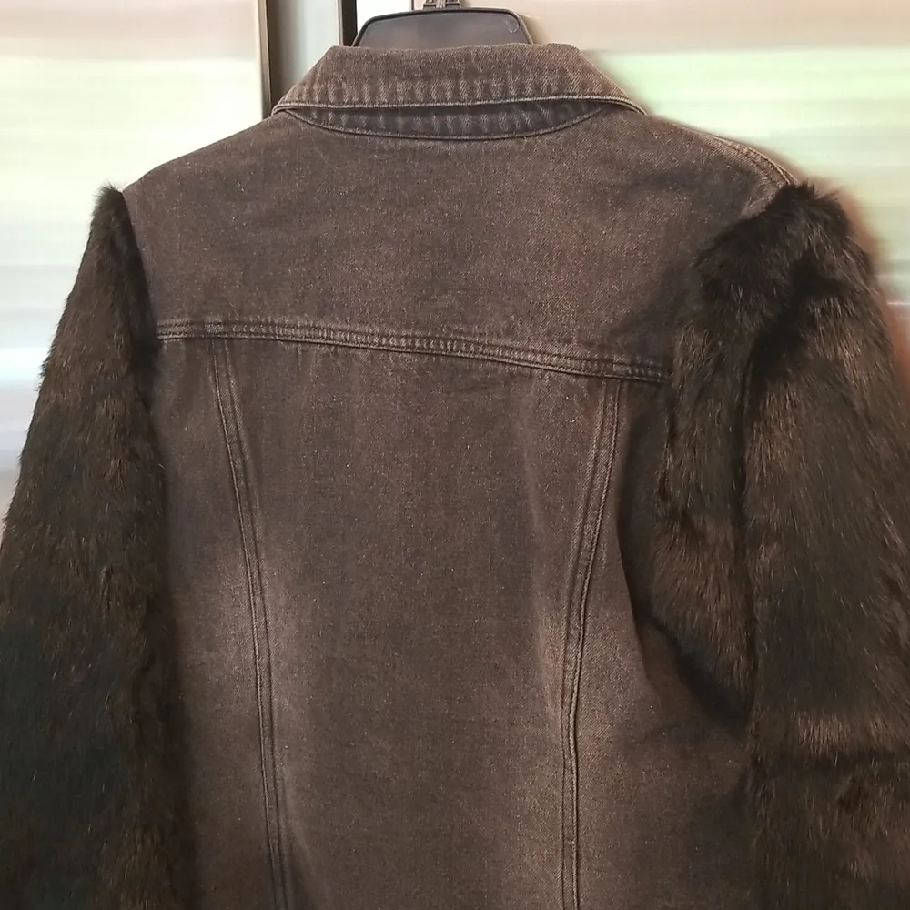 💕LOVE TOKEN💕 Murray Genuine Real Rabbit Fur Sleeve Denim Jacket Coat ~ Black M - Image 11
