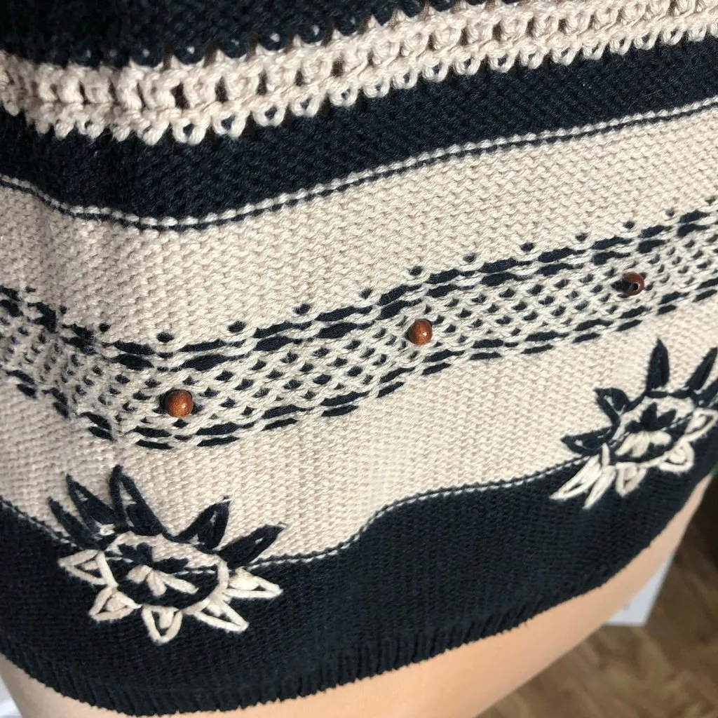 Vintage Liz & Co Knit Sweater Floral Design Short Sleeve Cotton Black/Cream sz L - Image 11