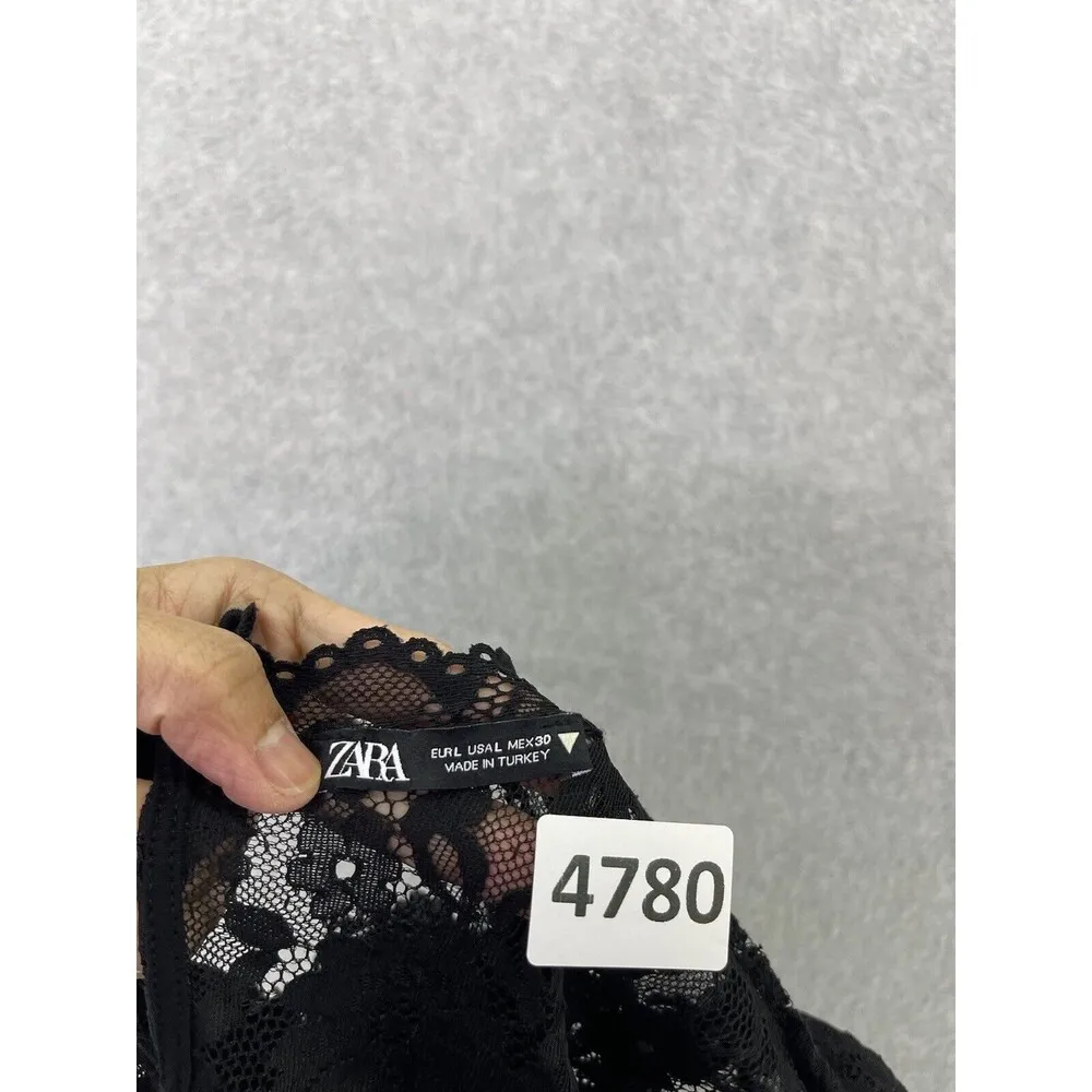 ZARA Women's Dress Solid Black High Neck Lace Trim Size Large Swing - Image 3