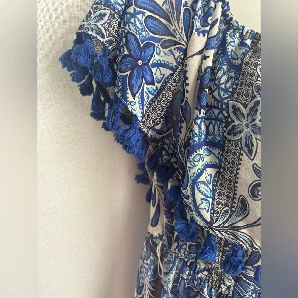 Lulus |‎ De La Sol Blue and White Print Off-the-Shoulder Midi Dress NWT 0315 - Image 6