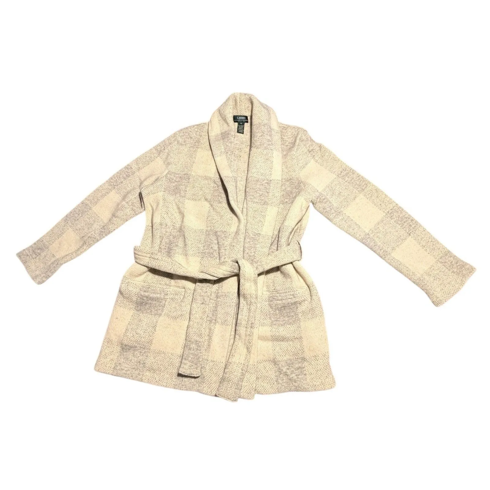 Vintage Lauren Ralph Lauren Belted Cardigan Sweater Women’s XL Wool Ivory Gray - Image 13