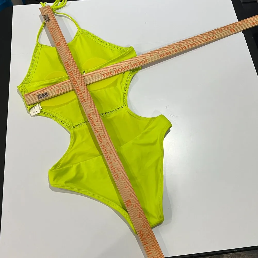 Aerie NWT Neon Green Jacquard Cut Out String One Piece Swimsuit Size Med - Image 11