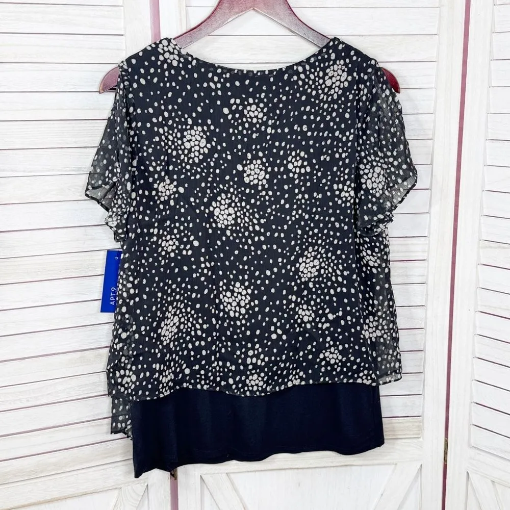 Apt. 9 Polka Dot Tiered Layers Split Flutter Sleeve Top Blouse Black White Small - Image 10