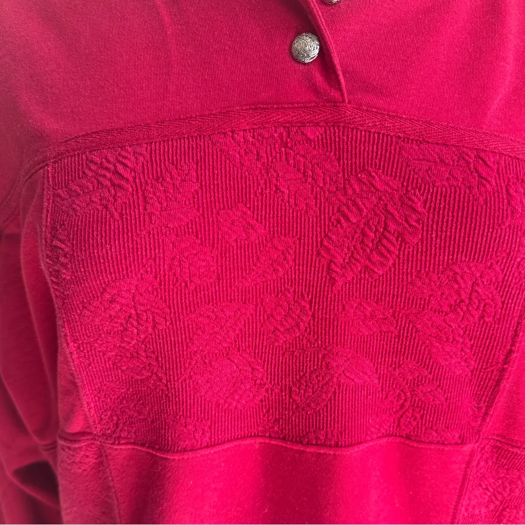 Vintage‎ Red Fall Sweatshirt – 90s Collared Pullover Embroidered Leaves XL - Image 4