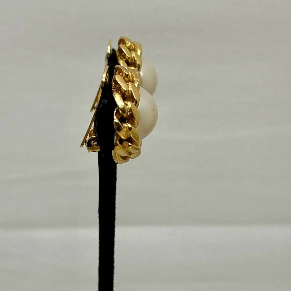 Signed Gold Tone Faux Iridescent Pearl Clip on Earrings - Image 5