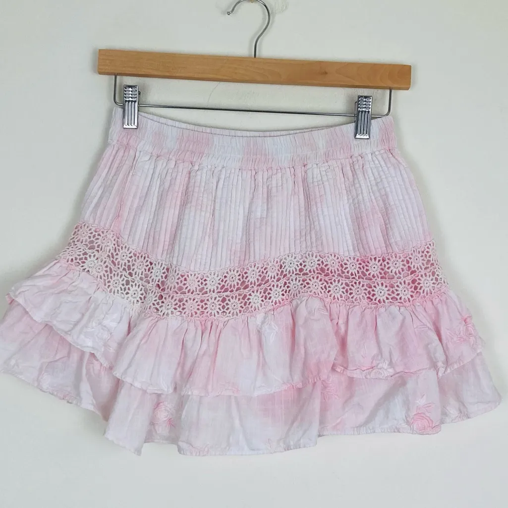 LoveShackFancy pink and white tiered mini skirt with floral embroidery. Size XS - Image 4