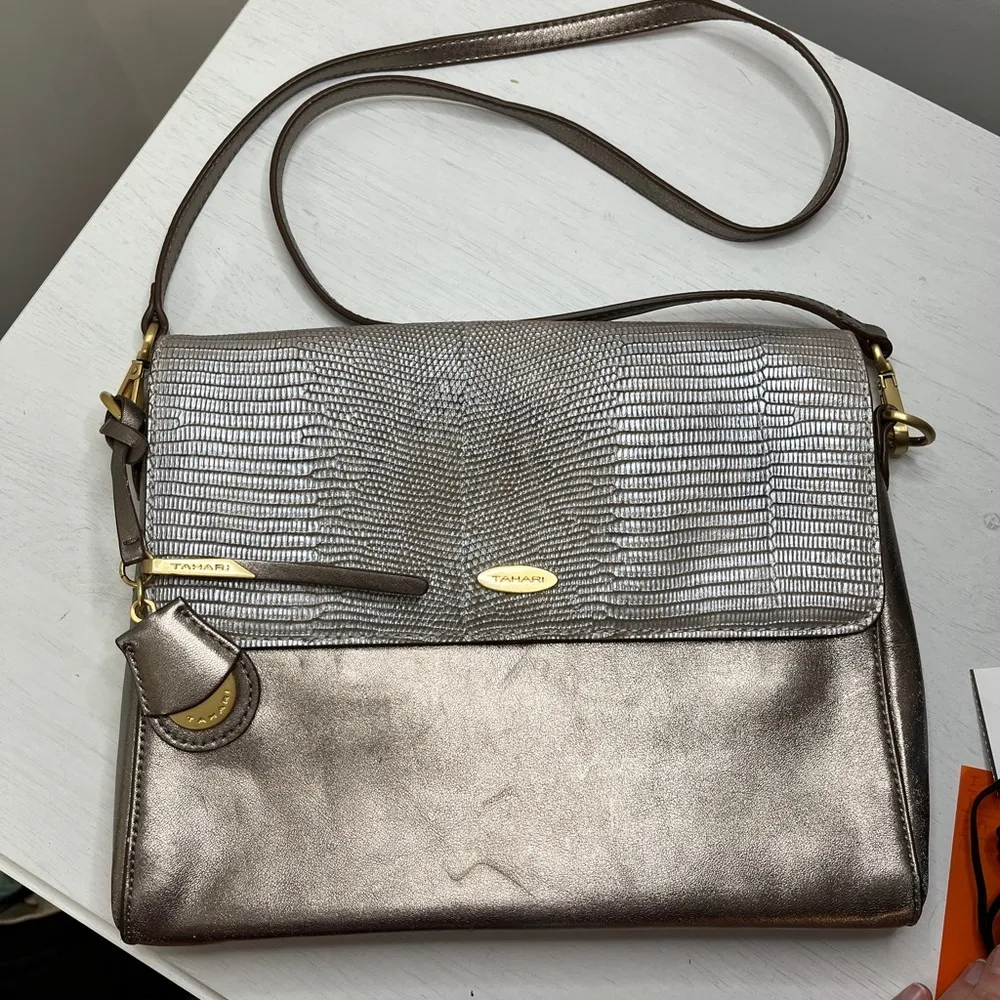 Tahari Metallic Leather and Faux Croc Crossbody Bag - Image 2