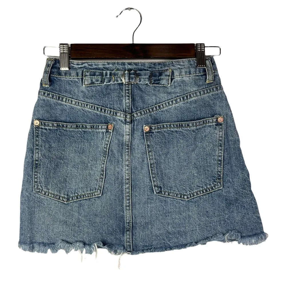Free People We the Free Light Wash Raw Hem Button Fly Mini Skirt 24 - Image 3