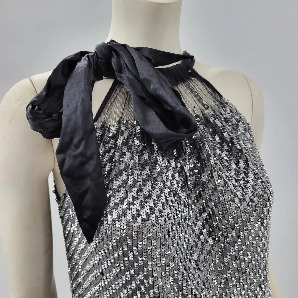 Mark & James Glittery Sequin Dress Womens M Black Silver Halter Tie Neck Mini Size M - Image 4