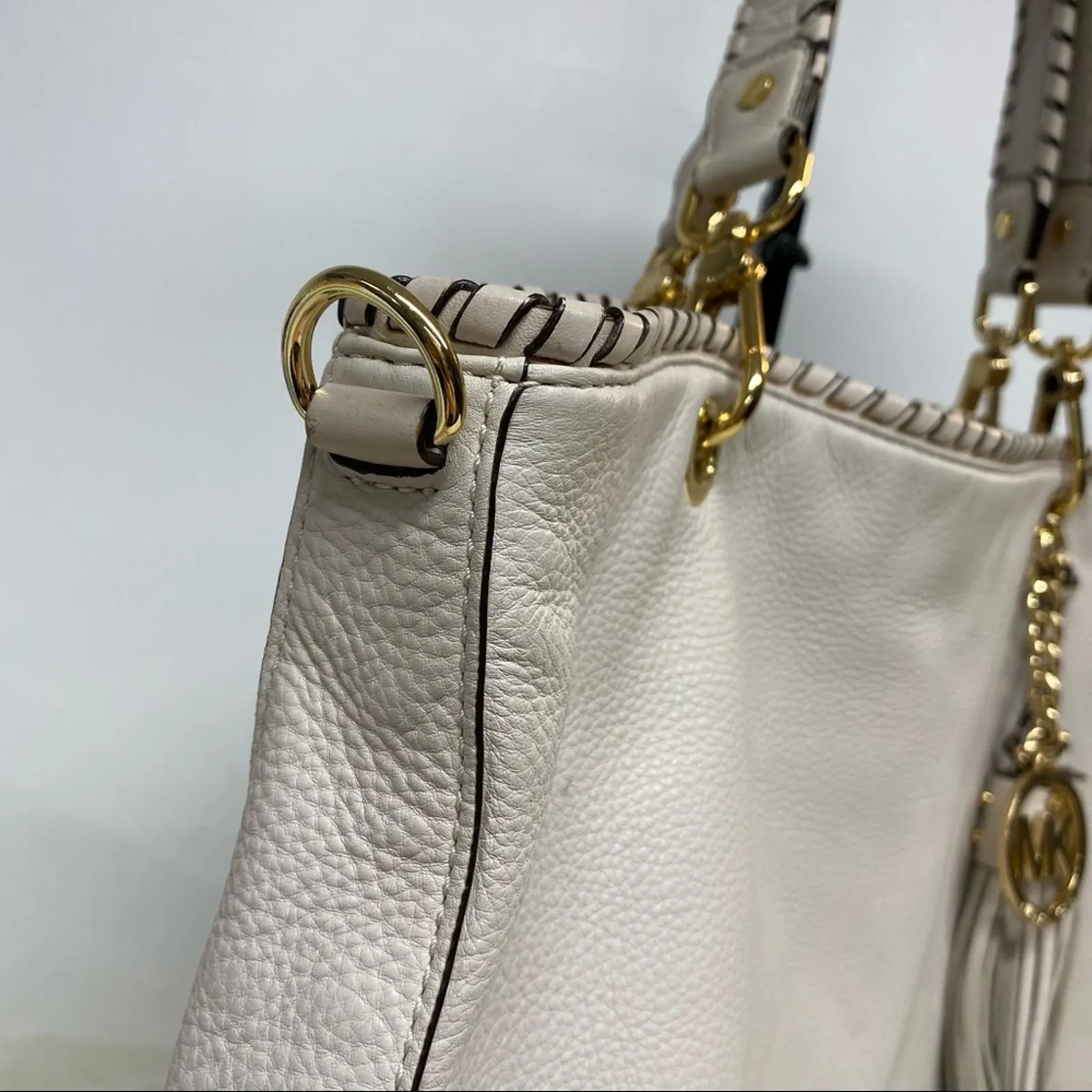 Michael Kors MK Purse Leather Hobo Bag Weave Strap Gold Hardware Cream Large - Image 10