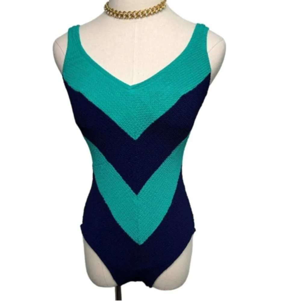 Vintage Robbie Len waffle knit Chevron leotard swimsuit size S/M Blue - Image 6