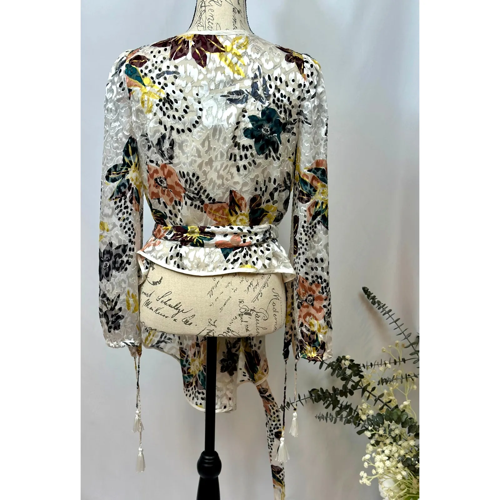 Free People Floral Print Cropped Silk Blend Burnout Kimono XS - Image 13