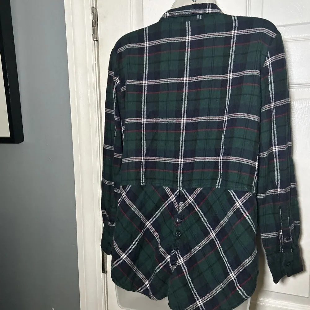 BEACHLUNCHLOUNGE Super Soft Plaid Flannel Button Down Shirt Medium M Blue Grunge - Image 5