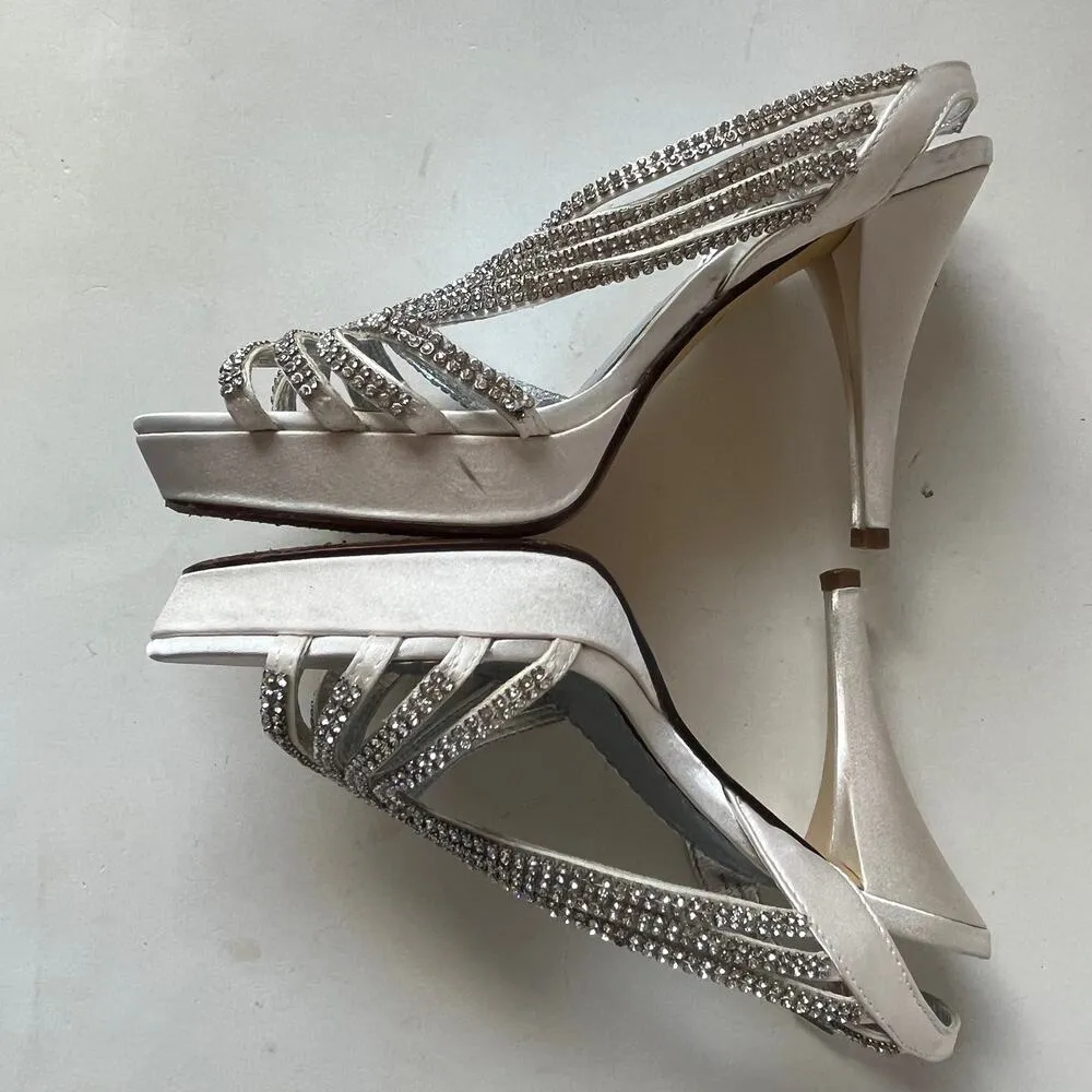 MICHAELANGELO Donatella Brivory Heeled Sandals Size 7.5M White Crystals Strappy - Image 6