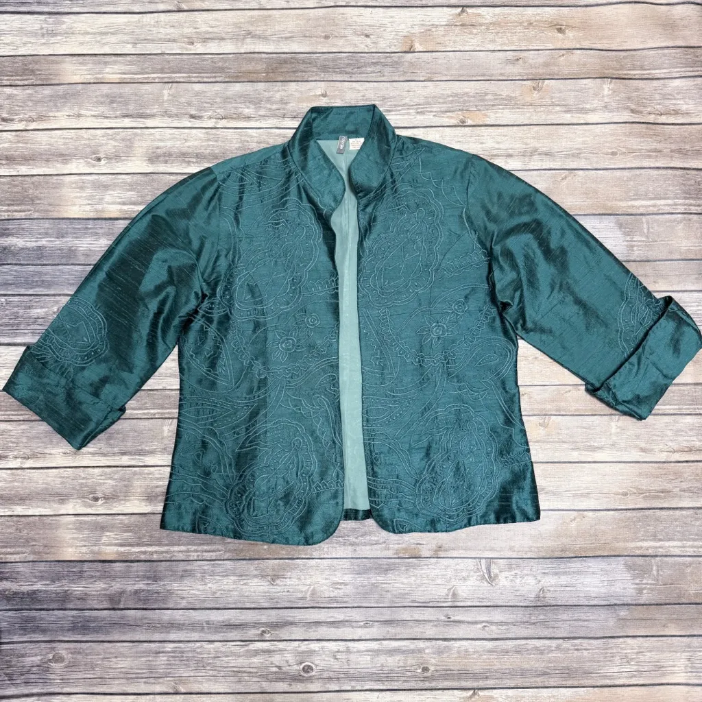 Anu Teal Dupioni Silk Embroidered 3/4 Turn Up Cuff Sleeve Open Jacket Large Blue - Image 7