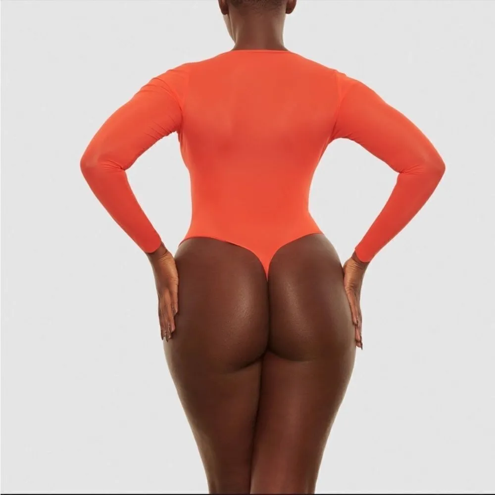 SKIMS Jelly Sheer Long Sleeve Thong Bodysuit in Poppy, NWT - Image 3