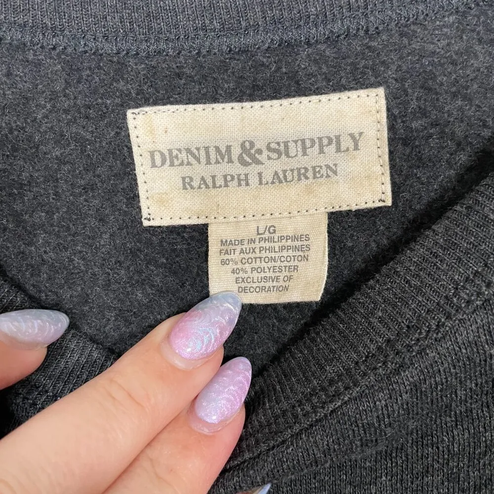 Denim & Supply Ralph Lauren Women L Gray Sweatshirt Velvet Embroidery 3/4 Sleeve - Image 6