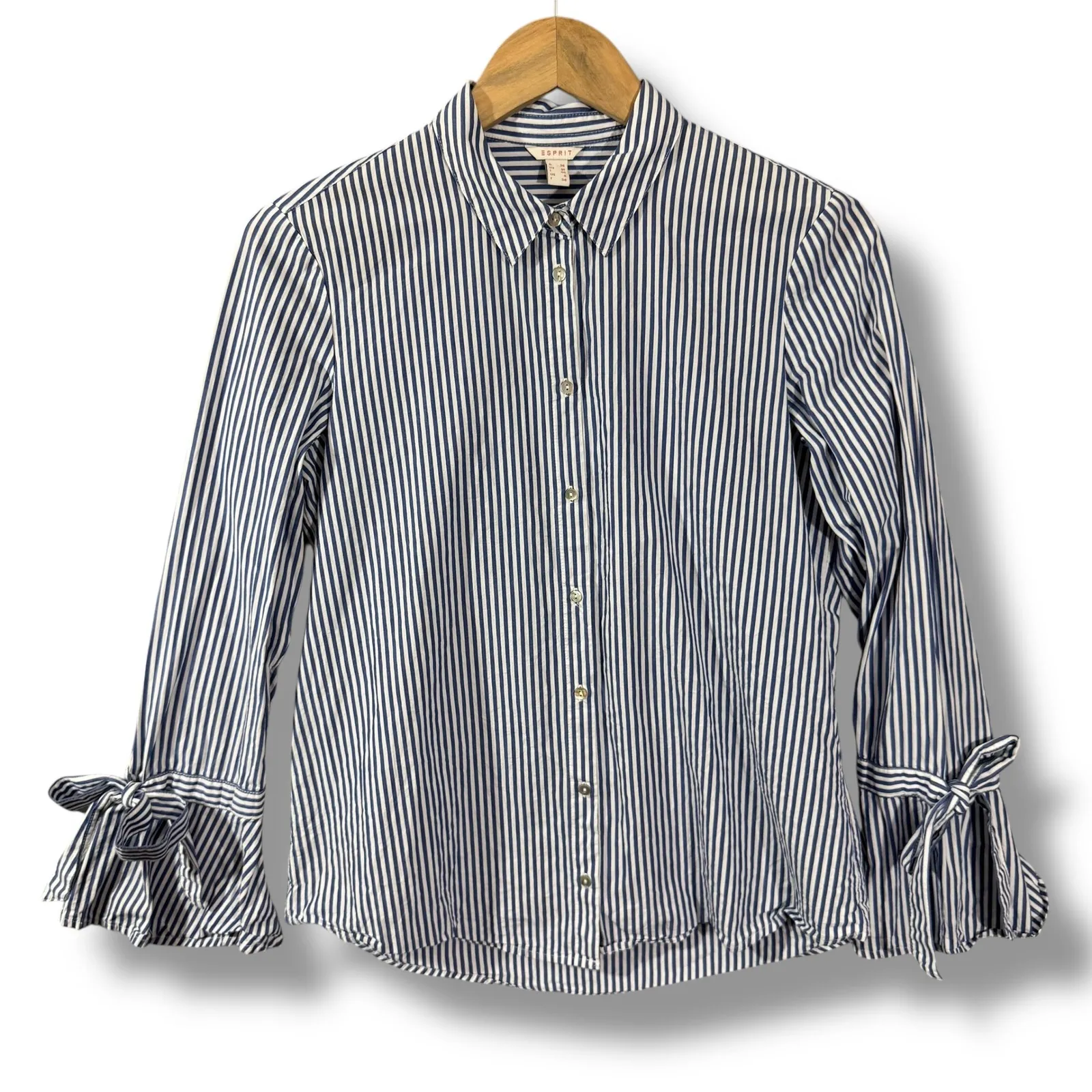 Esprit Blue White Stripe Button Up Shirt Bell Sleeve Tie Cuff Women Size 6 - Image 2