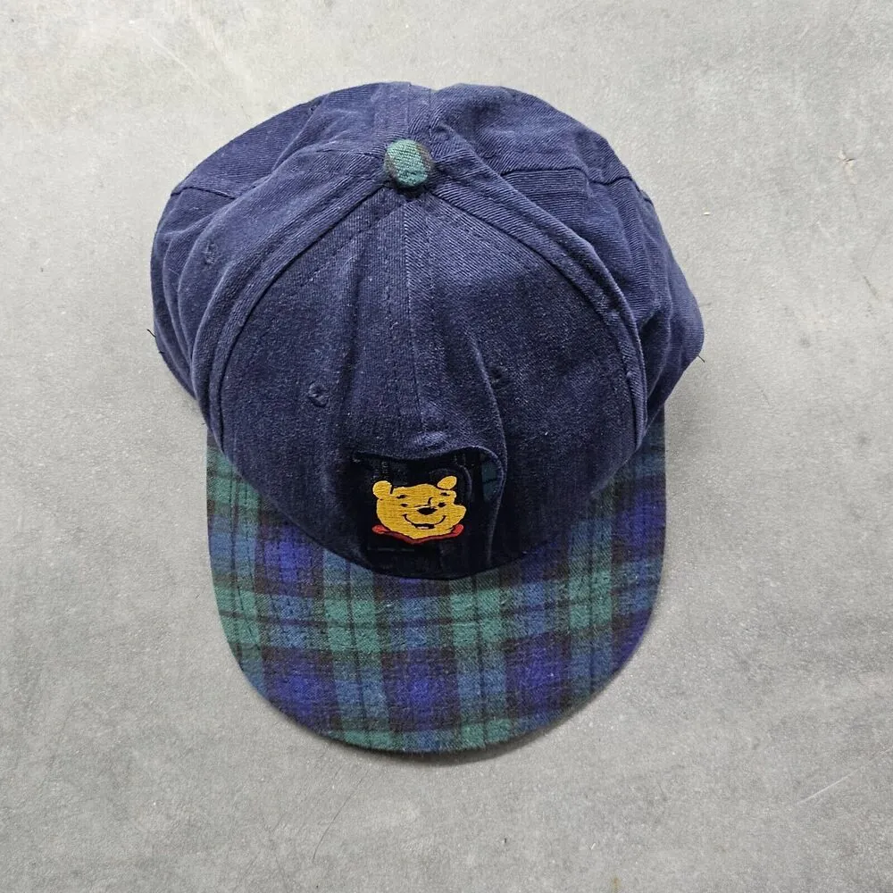 Vintage Winnie The Pooh Adult Size Hat Cap Snap Back Adjustable Plaid Navy - Image 3