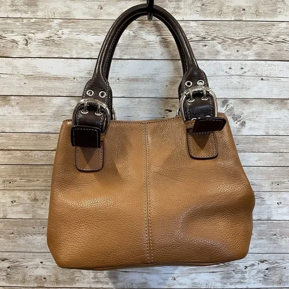 Tignanello Tan Leather Handbag Double Handle Purse Silver Buckles Magnetic Close Brown - Image 1