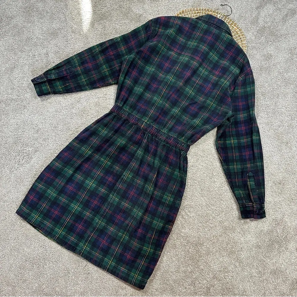 Fads Vintage 90s Y2K Tartan Plaid Corduroy Button Up Shirt Dress Long Sleeve M Green Size M - Image 11