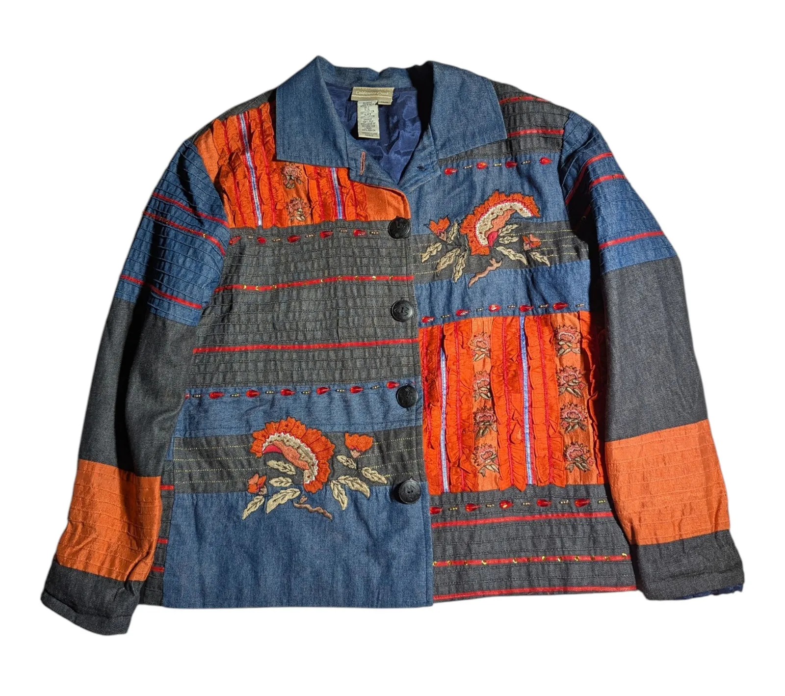 Vtg 1990s Coldwater Creek Blue Denim Orange Silk Floral Patchwork Jacket Sz S - Image 1