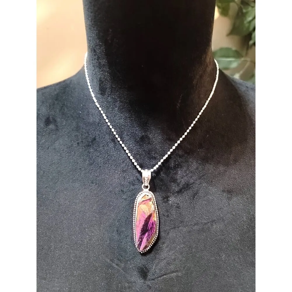 Women's Purple Stone Druzy Pendant Necklace Lobster Clasp Beaded Chain Jewelry - Image 2