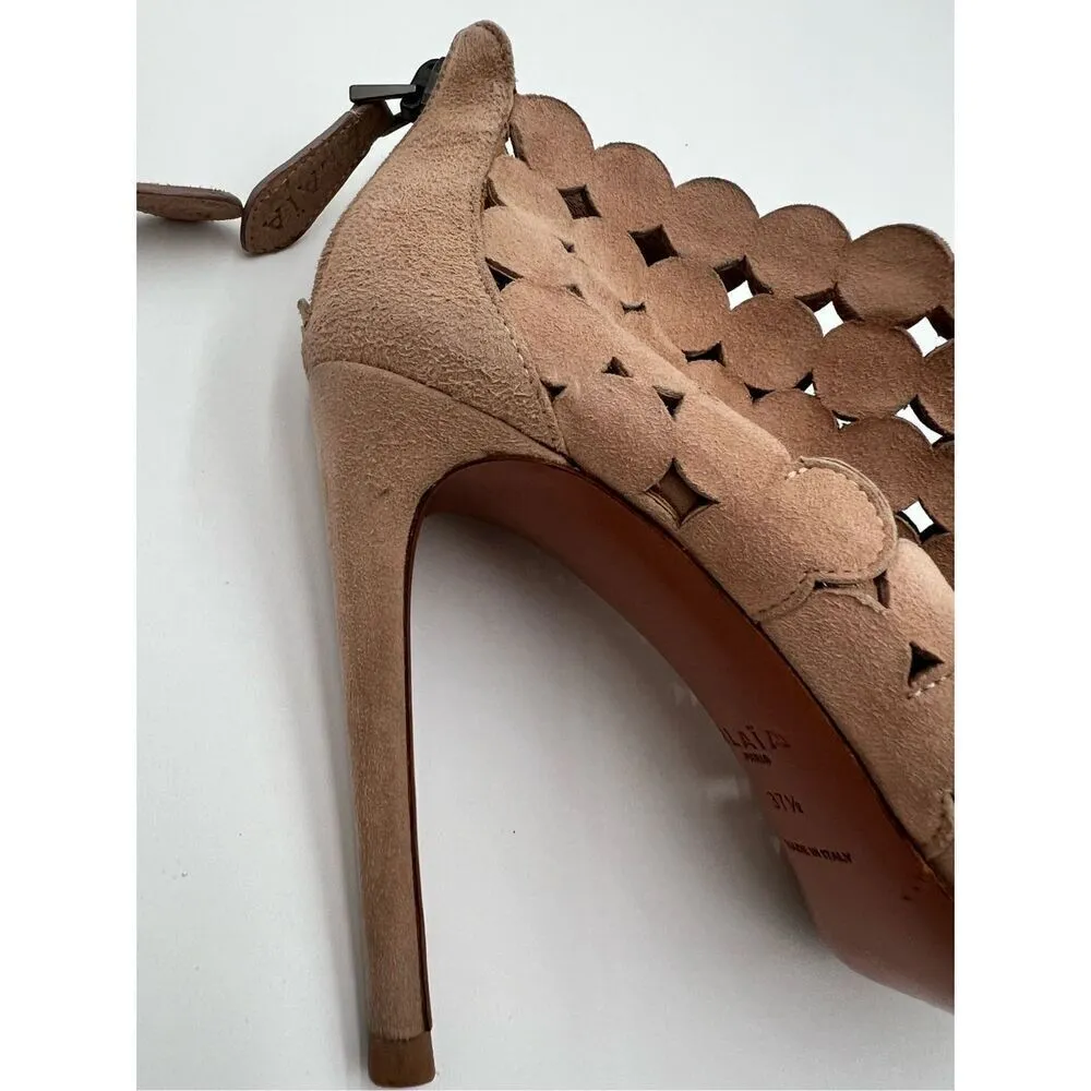 Alaia Paris Laser Cut Suede Booties Sandals Heels Nude Made in Italy 37.5 Tan Size 7 - Image 11